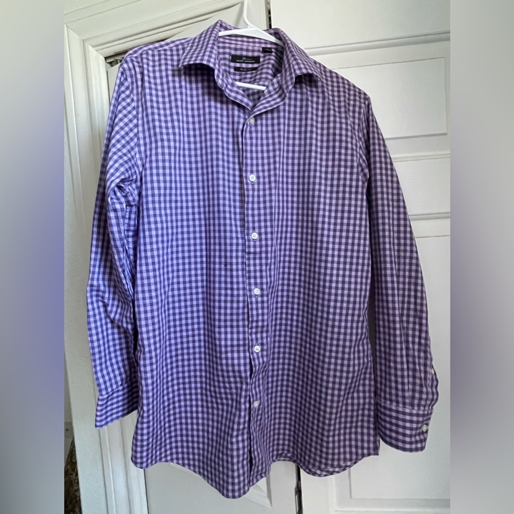 Marc Anthony Slim Fit Mens 16 Purple Plaid 100% Cotton Long Sleeve Dress Shirt